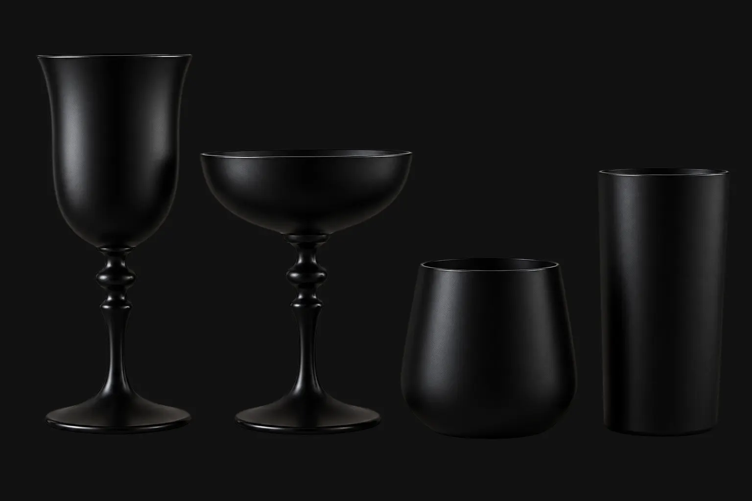 Archival hand-blown Polish glassware revived in contemporary matte black coating, demonstrating tooling reuse for modern tabletop retail.