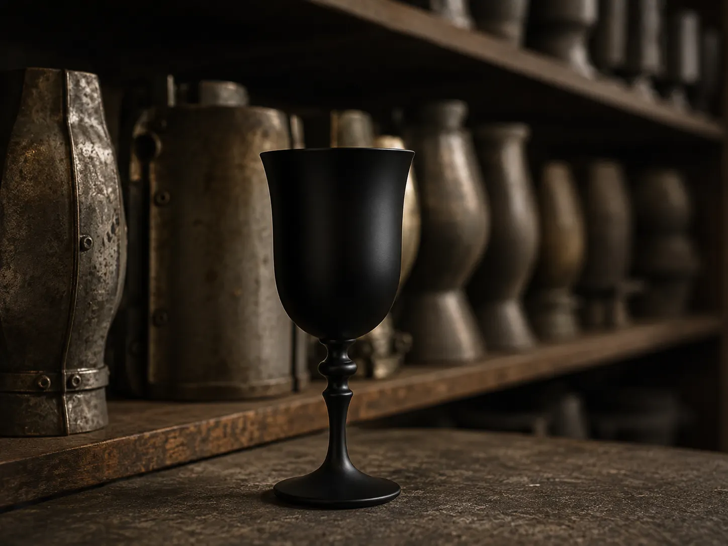 Studio profile view of hand-blown goblet silhouette highlighting resolved proportions preserved from the factory archives.