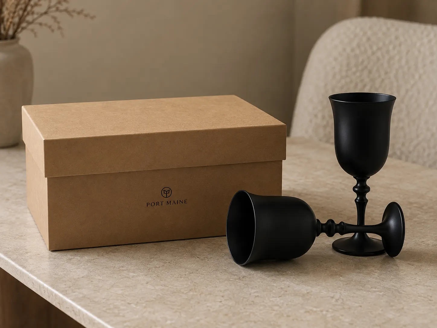 Complete matte black glassware assortment arranged on textured tabletop, showcasing unified silhouette proportions from heritage moulds.