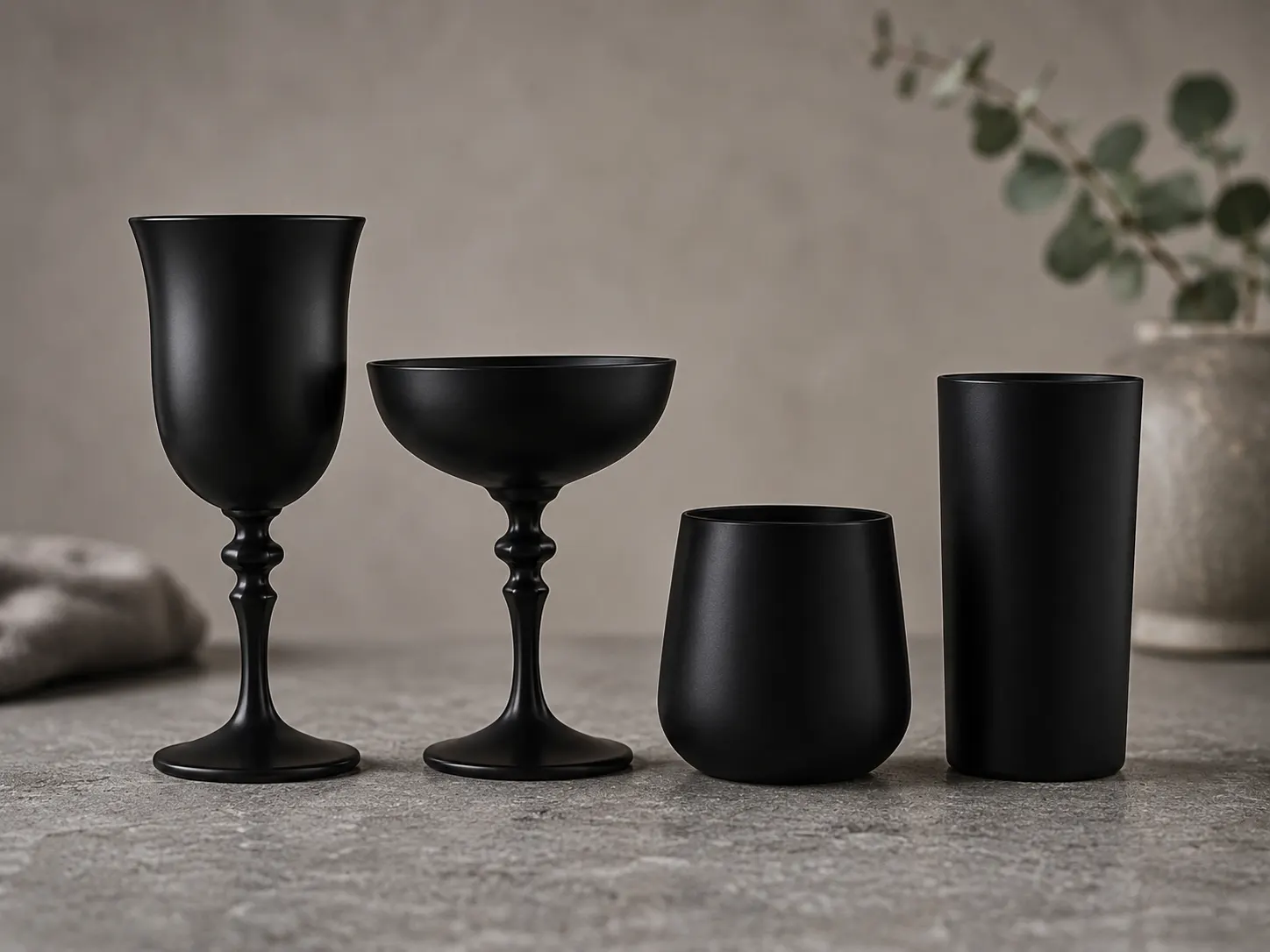 Stemware and tumbler pieces in high-contrast tabletop setting, illustrating how contemporary surface finishes shift traditional forms into modern interiors.