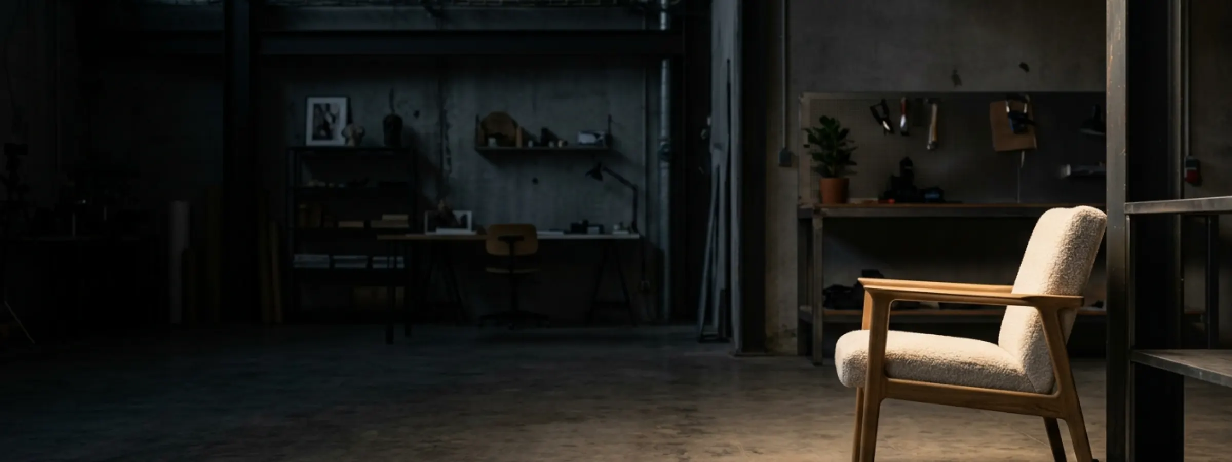 Modernist armchair illuminated under precision studio lighting with dark ambient workspace framing physical product accuracy.