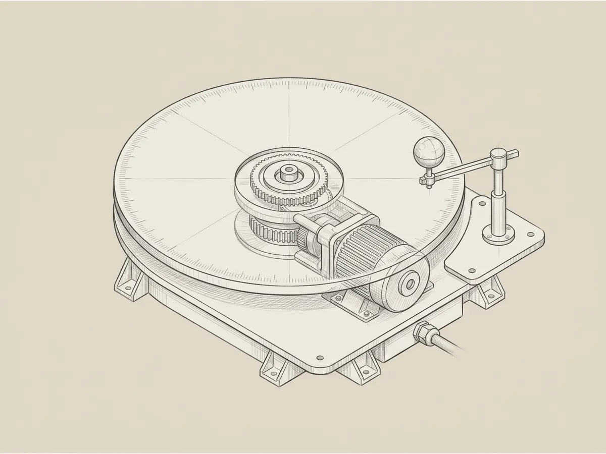 Motorized turntable and calibration sphere showing structured multi-angle capture for product reference data.