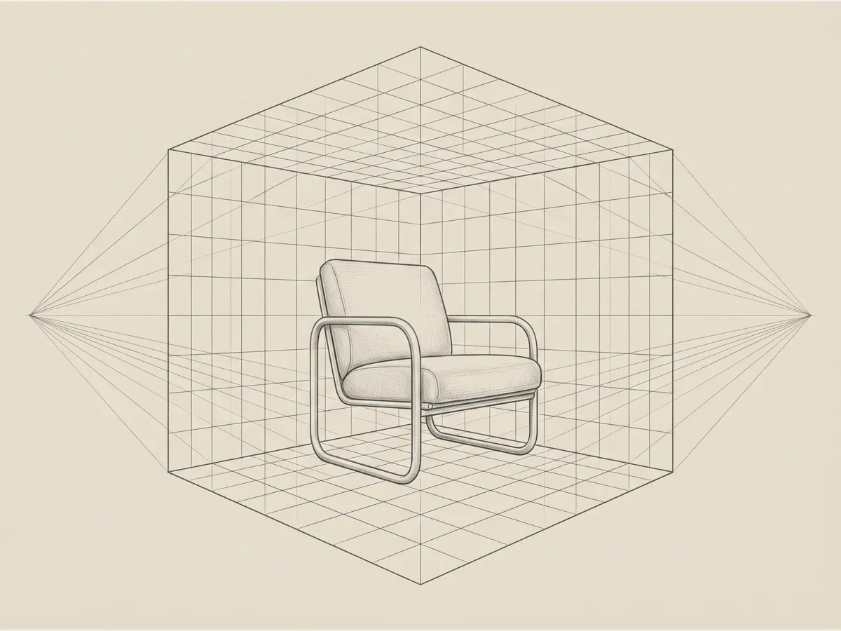 Architectural perspective wireframe cube framing an armchair to illustrate spatial geometry in lifestyle generation.