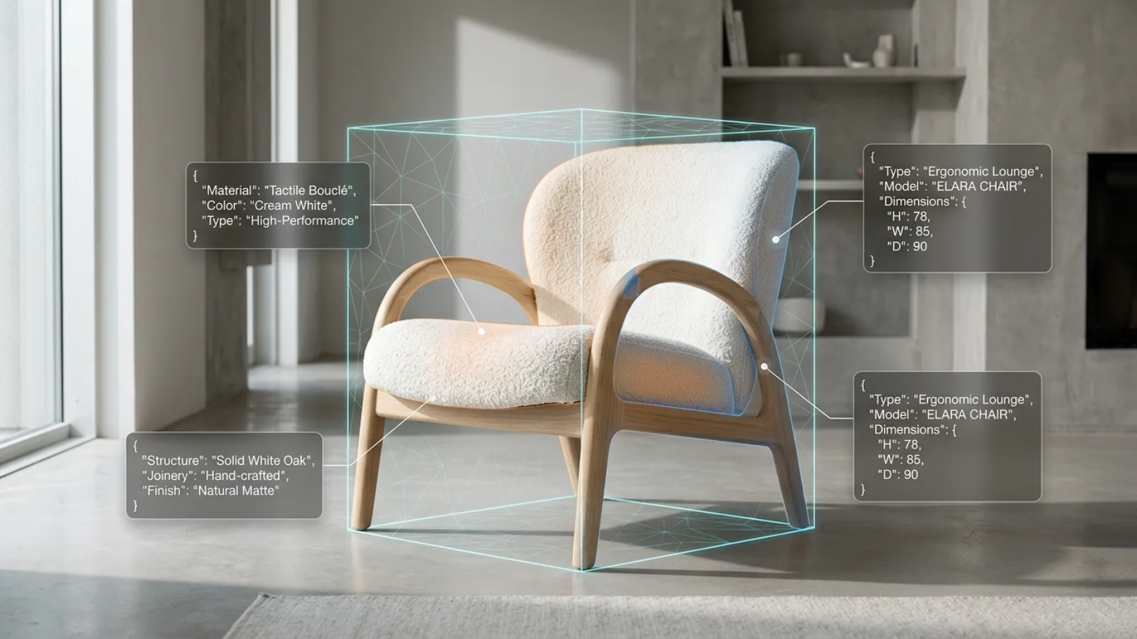 Multimodal AI vision agent analyzing a high-end designer lounge chair with bounding box, semantic segmentation, and structured attribute extraction callouts