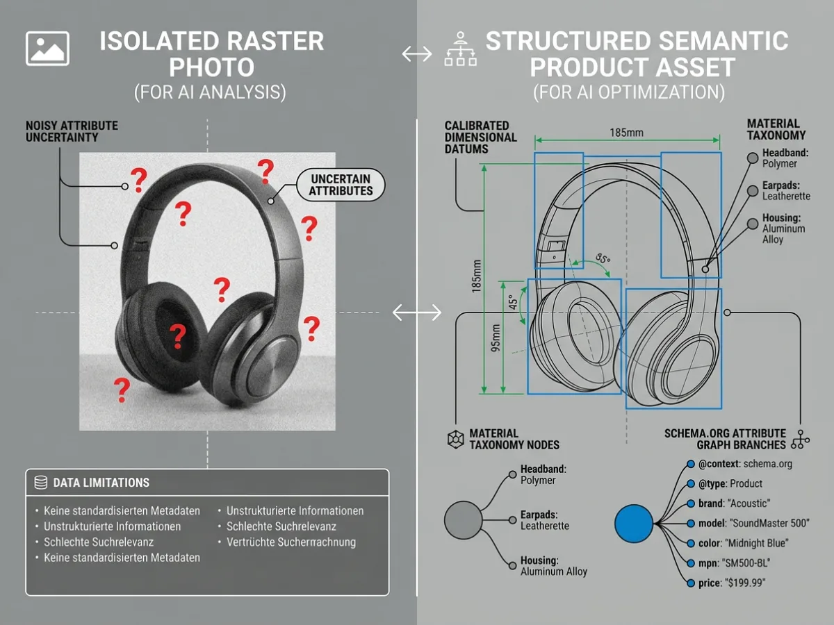 Technical Swiss comparison diagram of an isolated raster JPEG photograph versus a structured semantic product asset with Schema.org taxonomy and calibrated dimensional datums