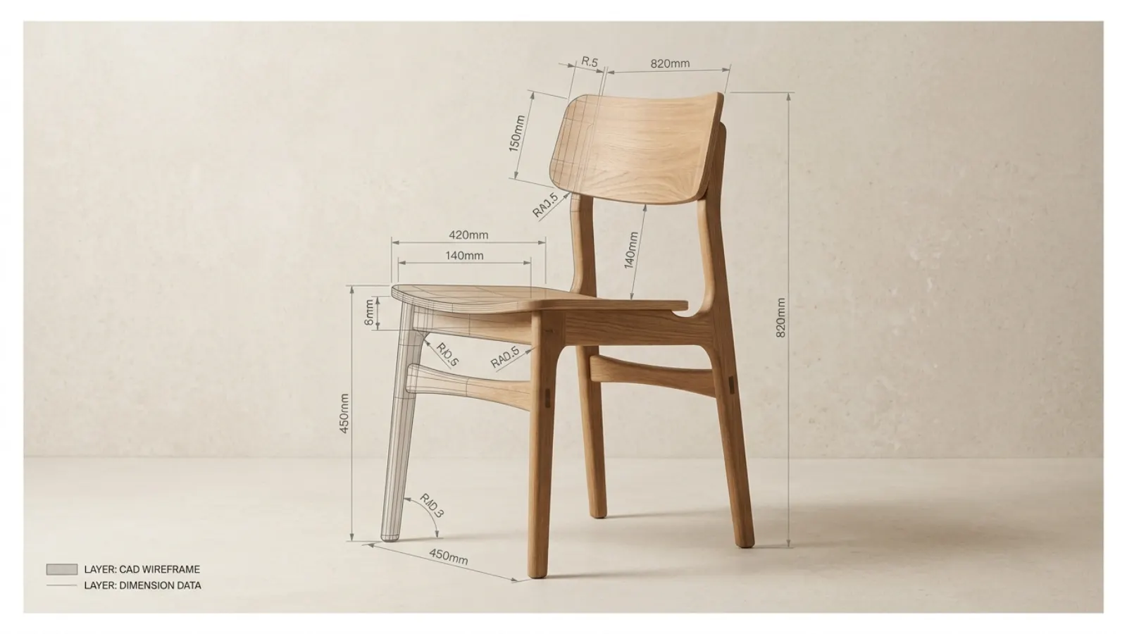 Minimalist Scandinavian wooden dining chair with technical CAD wireframe layers and dimension vectors on warm stone background.