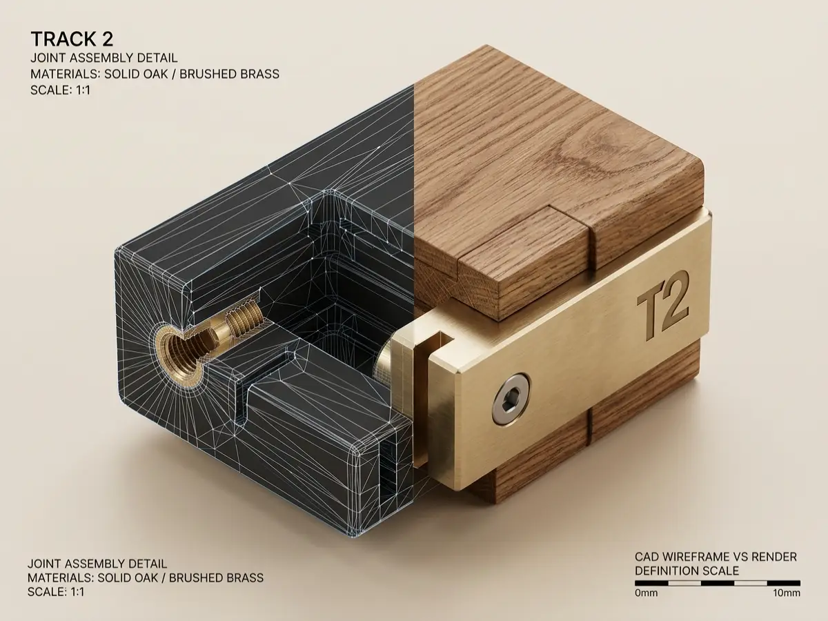 Isometric CAD wireframe mesh and textured solid surface comparison of a precision furniture joint assembly.