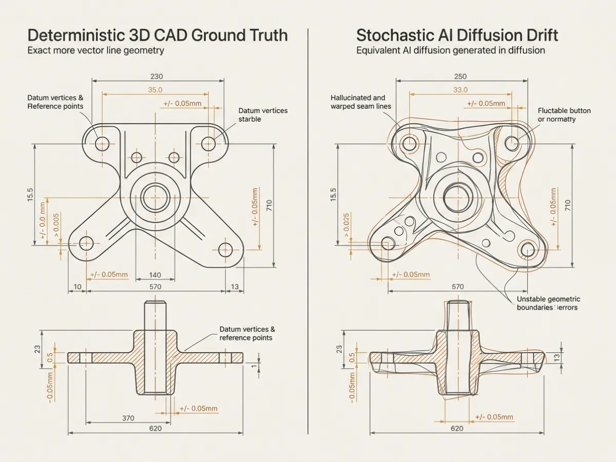 Technical comparison diagram between deterministic 3D CAD ground truth and stochastic AI diffusion geometric drift.