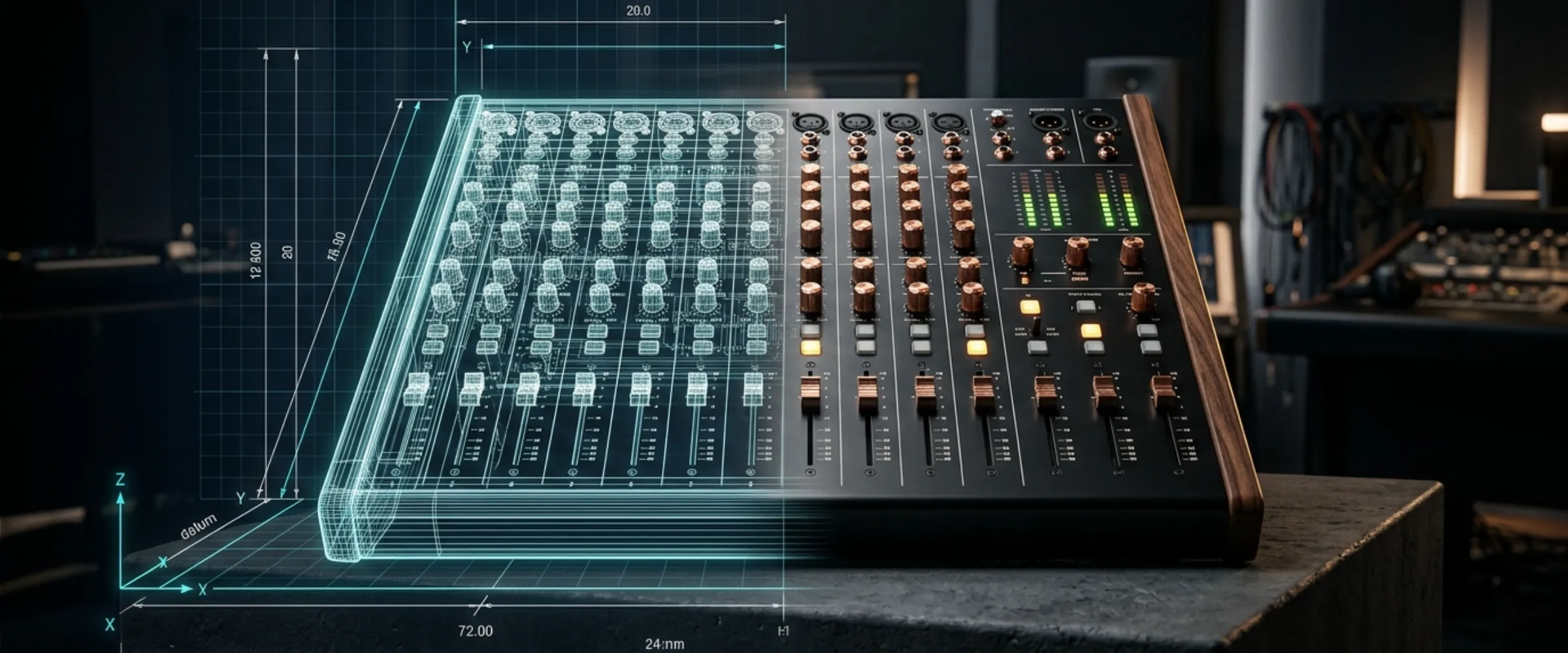 A precision industrial audio console split between a digital wireframe coordinate cage and photorealistic textured aluminum and walnut.