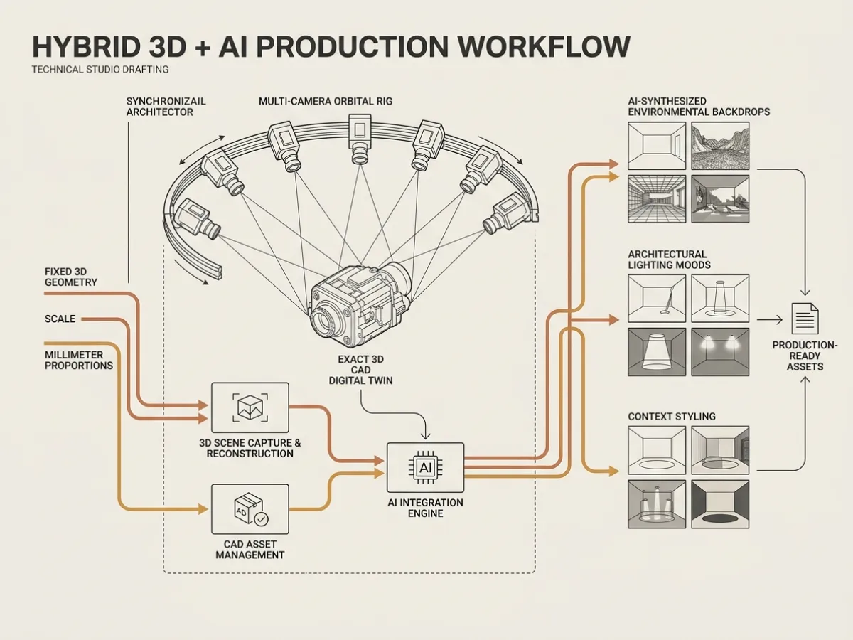 Multi-camera orbital rig diagram showing 3D digital twins feeding an AI integration engine for lighting and styling exploration.