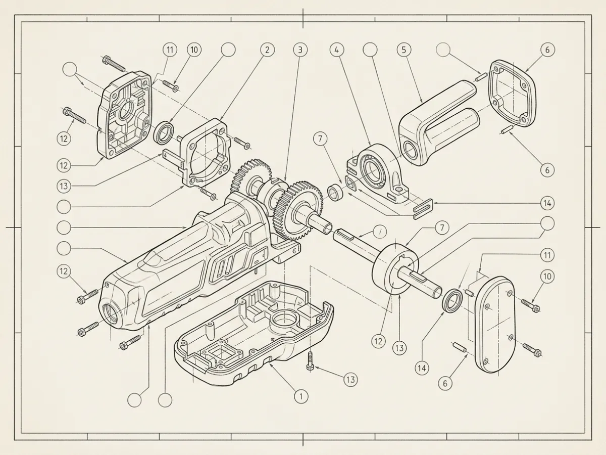 Technical exploded assembly drawing displaying multi-component mechanical breakdown, fastener schedules, and mating interfaces.