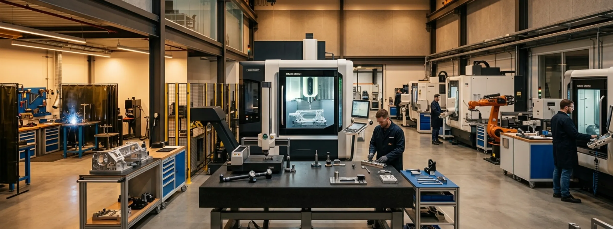 Industrial precision fabrication facility with automated CNC machinery, assembly stations, and high-tolerance manufacturing equipment in cool ambient lighting.