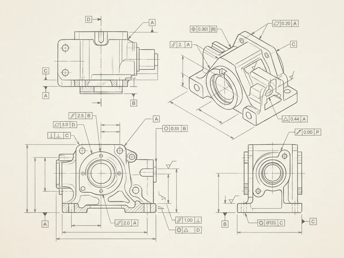 Precision engineering schematic illustrating critical dimensions, bilateral tolerances, datum reference planes, and GD&T annotations.