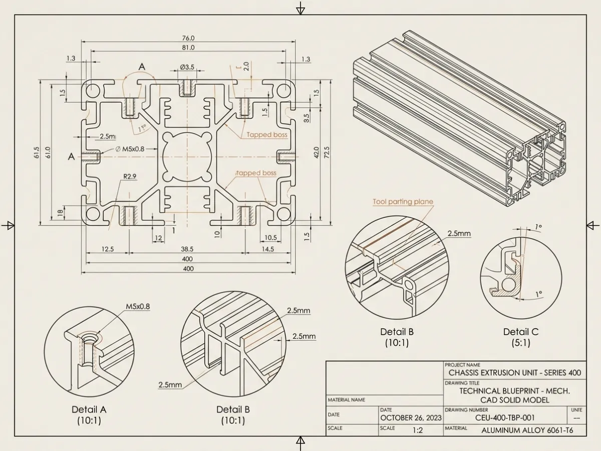 Precision technical blueprint and mechanical CAD solid model with datum planes, draft angles, and parametric dimension callouts.