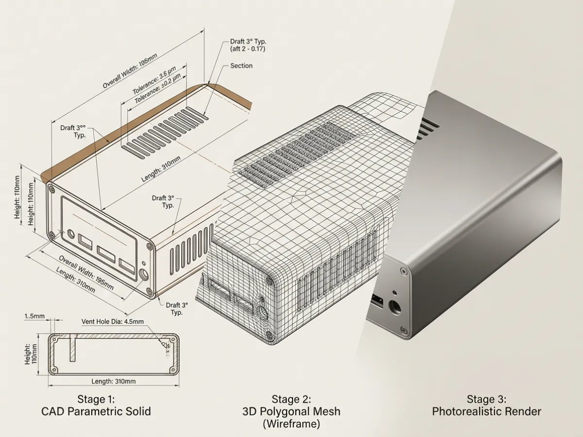 Three-stage technical progression of an industrial enclosure showing CAD parametric solid, 3D polygonal wireframe mesh, and photorealistic PBR render.