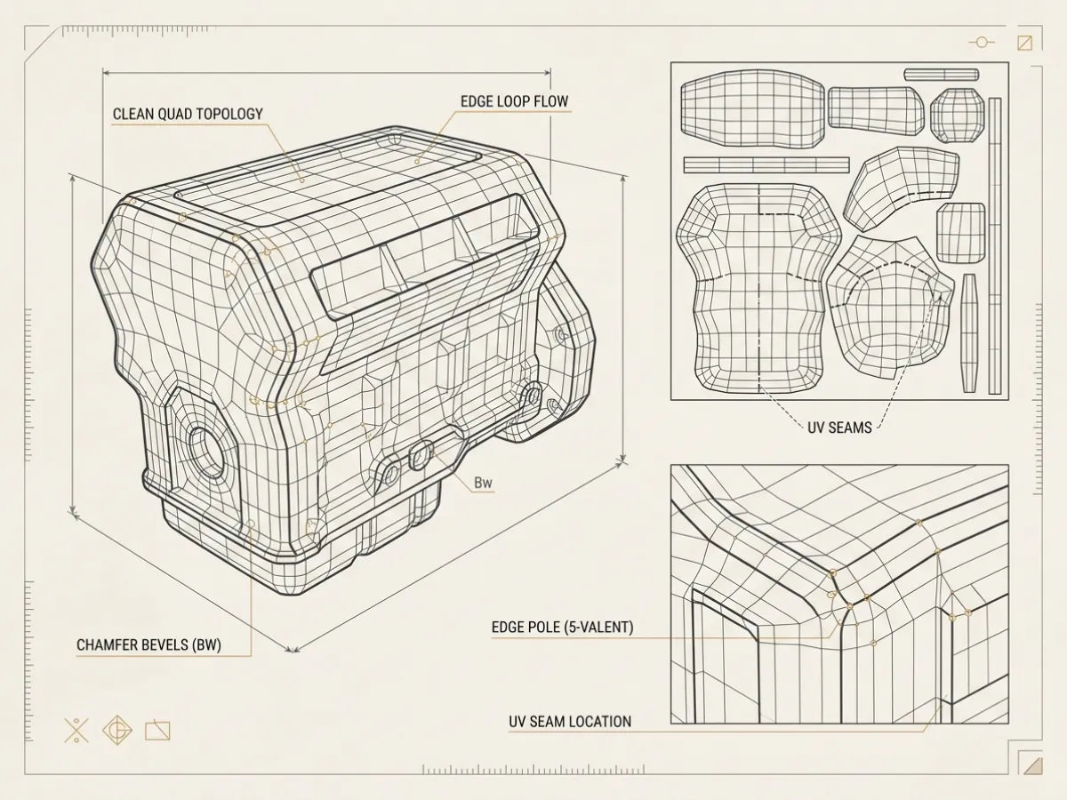 3D digital asset polygon wireframe breakdown showing clean subdivision surface quad topology and UV texture coordinates.