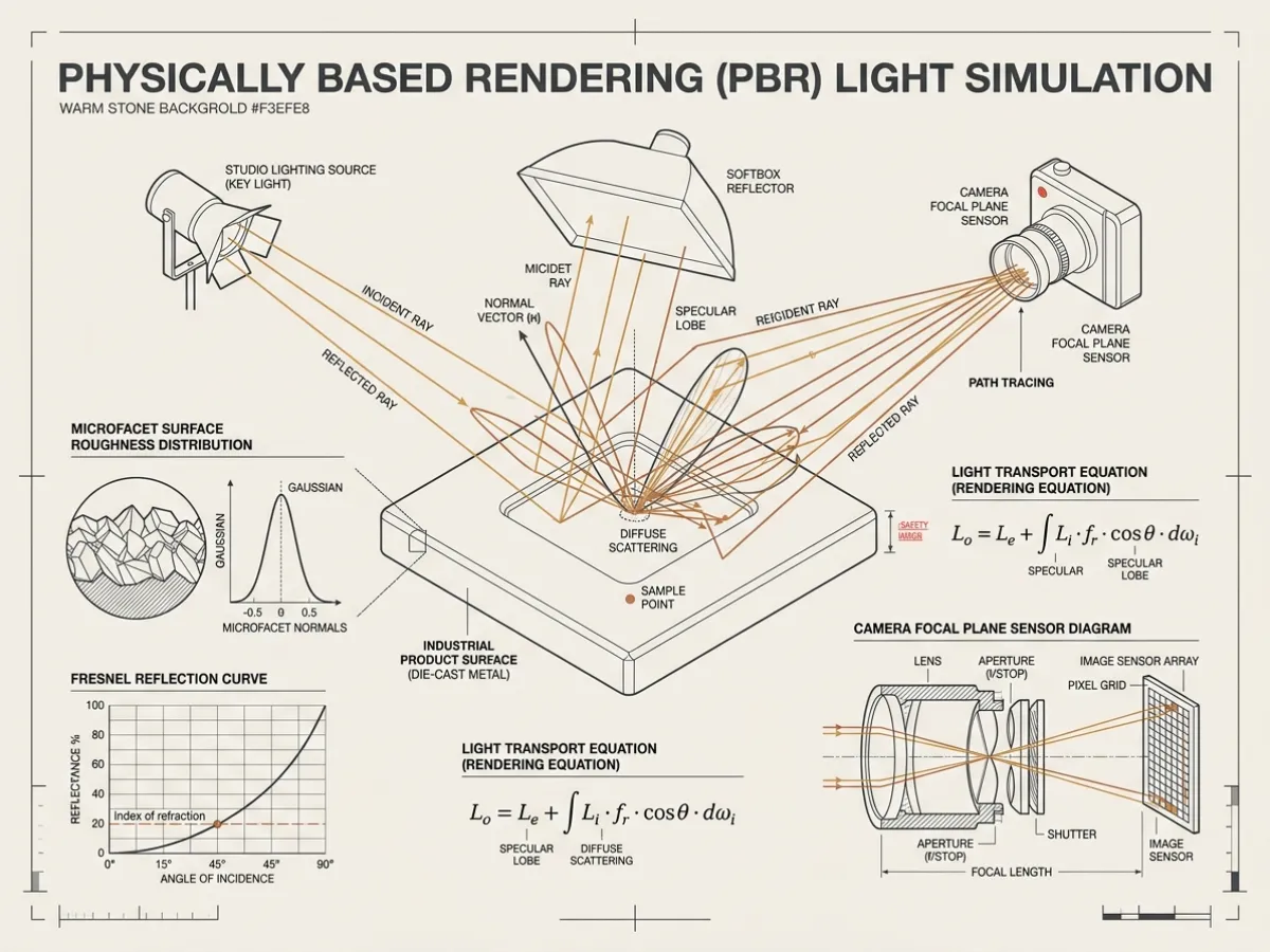 Physically based rendering (PBR) light simulation diagram illustrating raytracing paths, microfacet roughness, and camera focal planes.