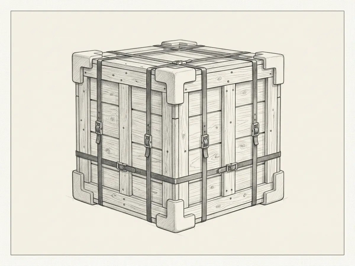 Reinforced wooden shipping crate illustration demonstrating physical sample freight logistics and transit friction in commercial photo production.