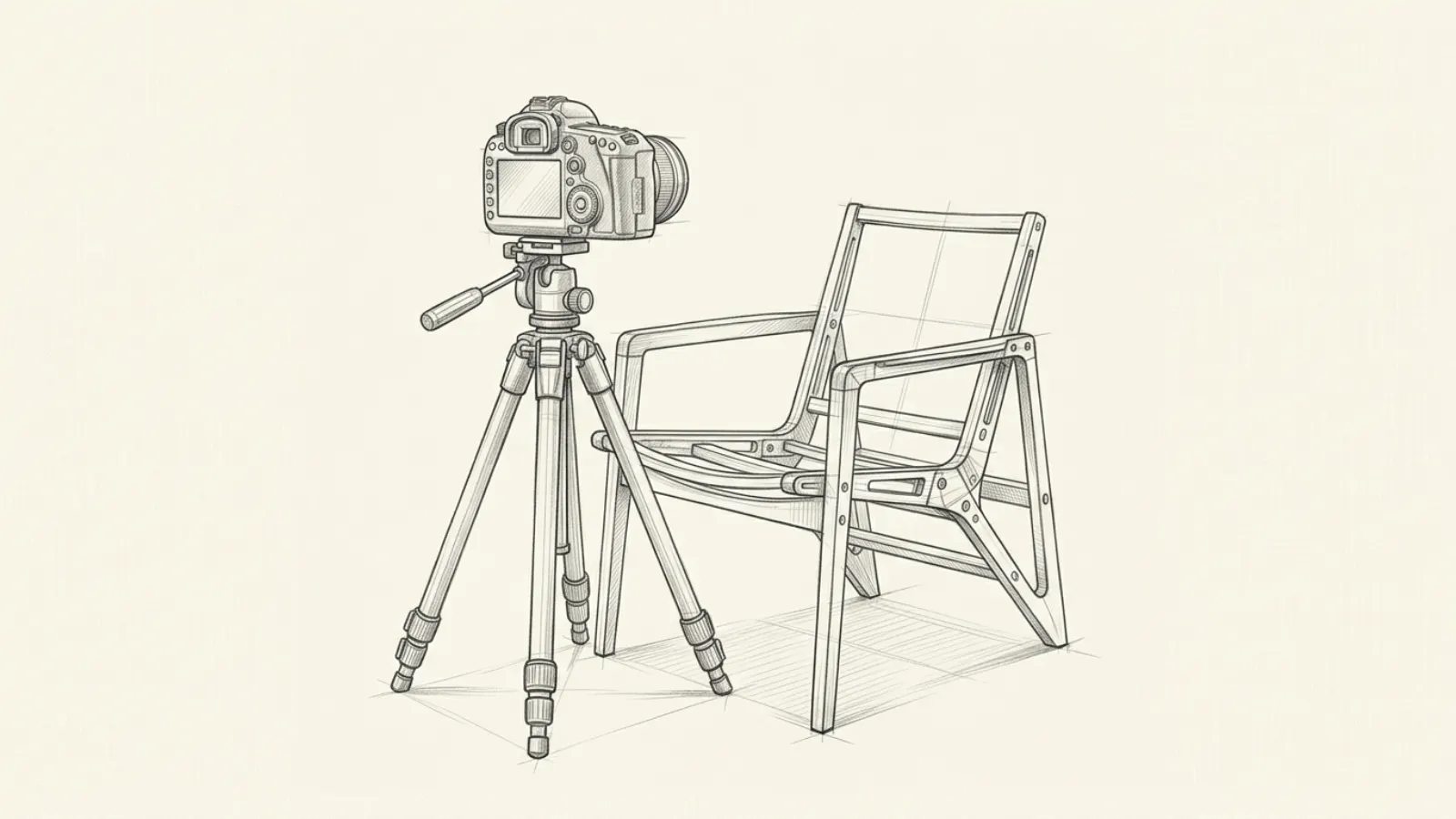 Studio camera on tripod beside chair frame illustration demonstrating physical photography equipment setups and studio space requirements.