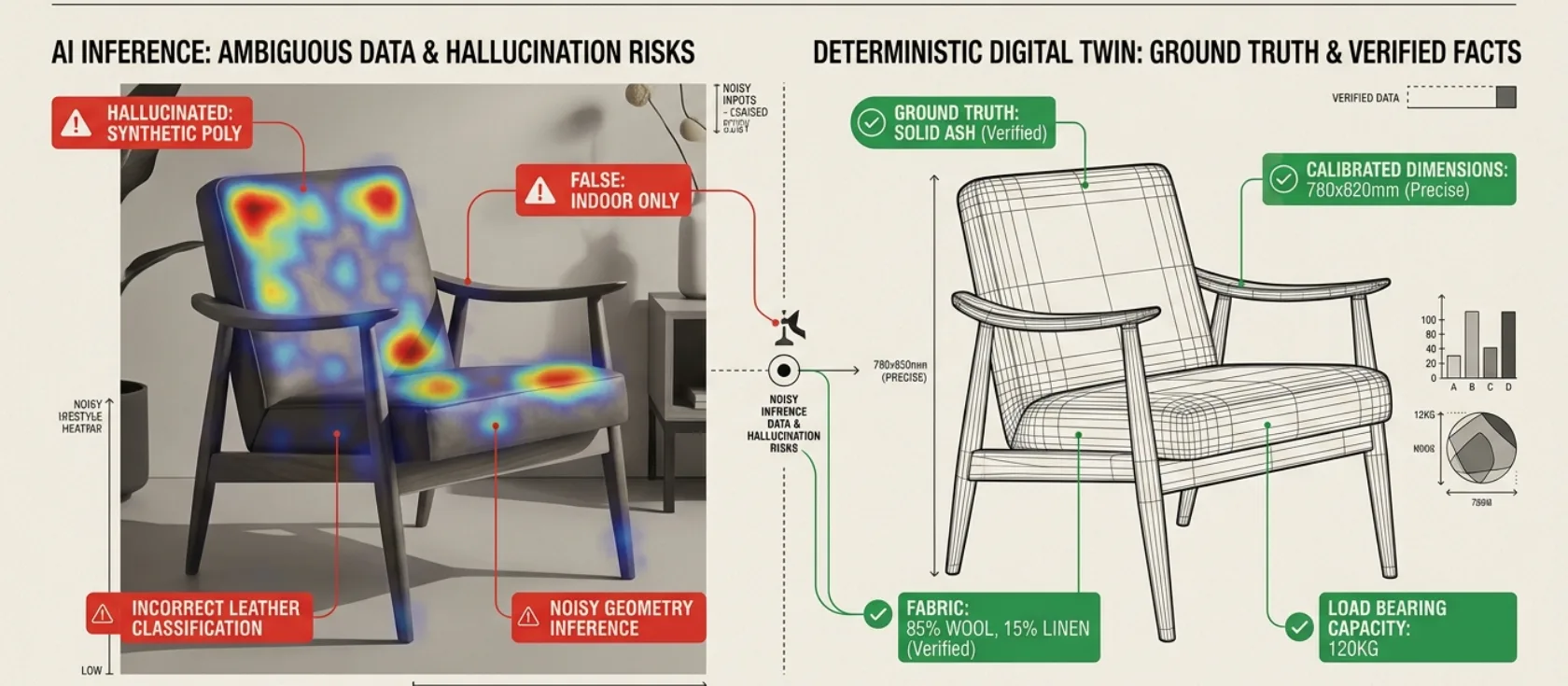 Technical Swiss comparison diagram of vision-language AI hallucination risk heatmaps on ambiguous lifestyle photography versus deterministic CAD ground truth data