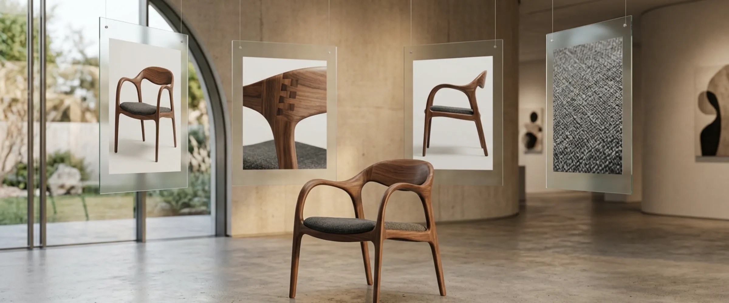 Modern sculptural armchair displayed in an architectural studio surrounded by floating multi-angle spatial capture frames.