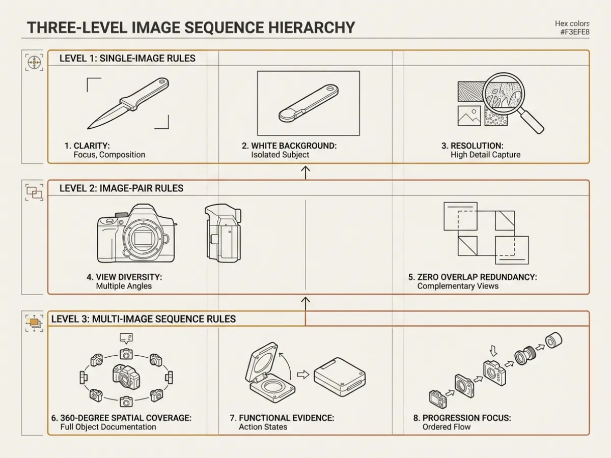 Three-level image sequence hierarchy diagram covering single-image clarity, image-pair diversity, and multi-image spatial coverage.