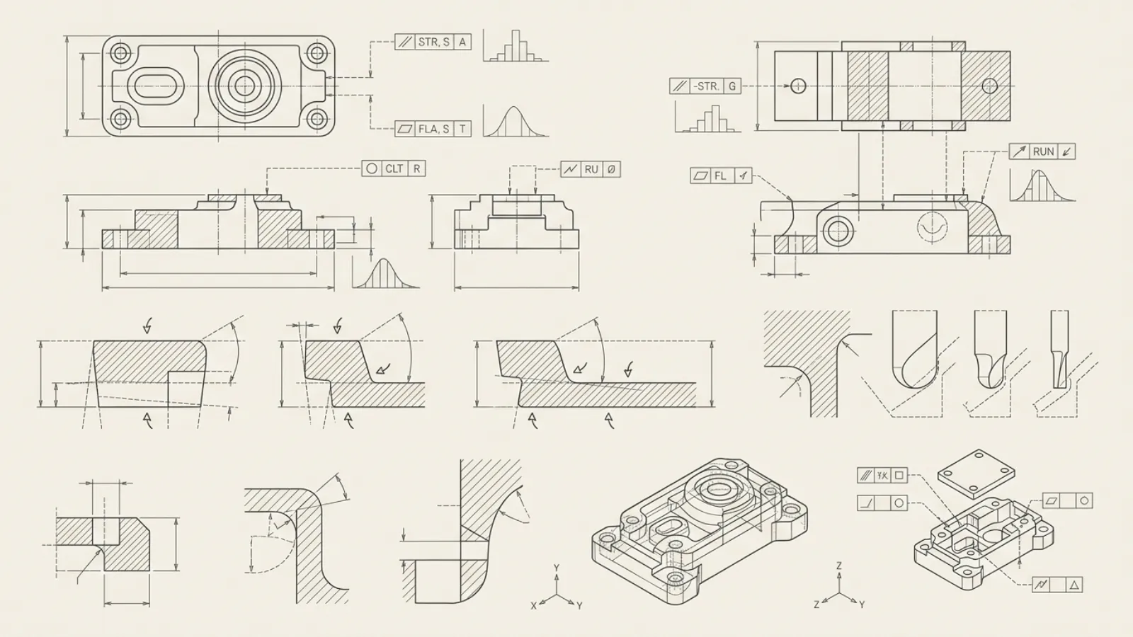 Industrial design blueprint showing manufacturing tolerance diagrams, draft angle cross sections, and CNC milling radius constraints.