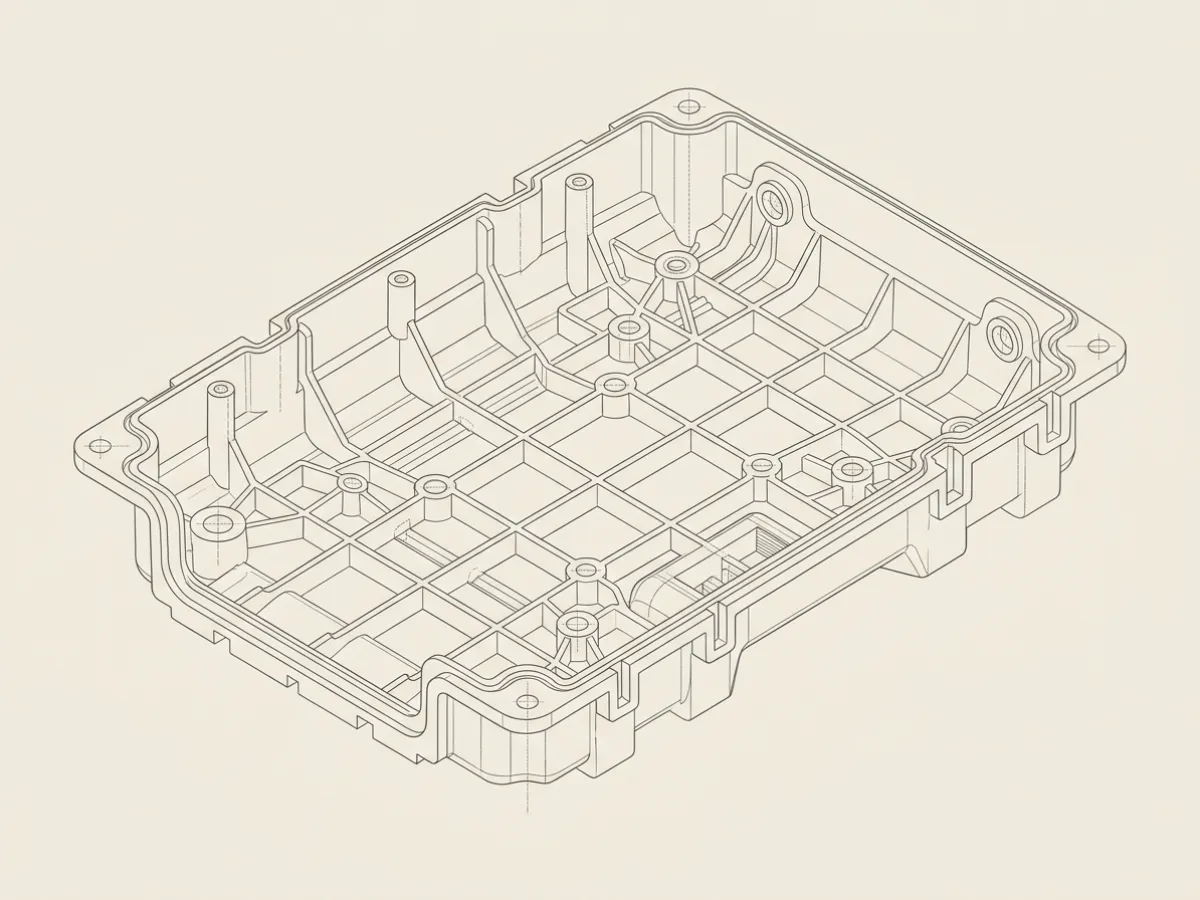 Technical line illustration of precision injection-molded structural chassis with reinforcement ribbing.