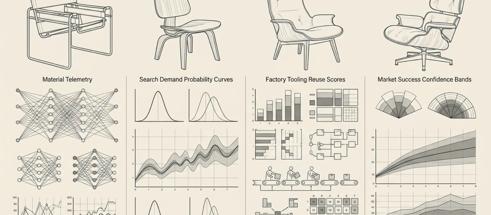 Multi-signal AI product prediction matrix evaluating chair designs against market telemetry, search demand probability curves, and factory tooling reuse scores