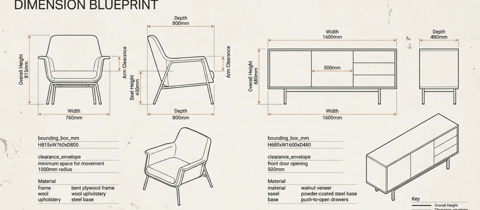 Architectural furniture blueprint schematic establishing standardized orthogonal dimension planes, seat height references, and bounding box clearance thresholds for AI spatial agents