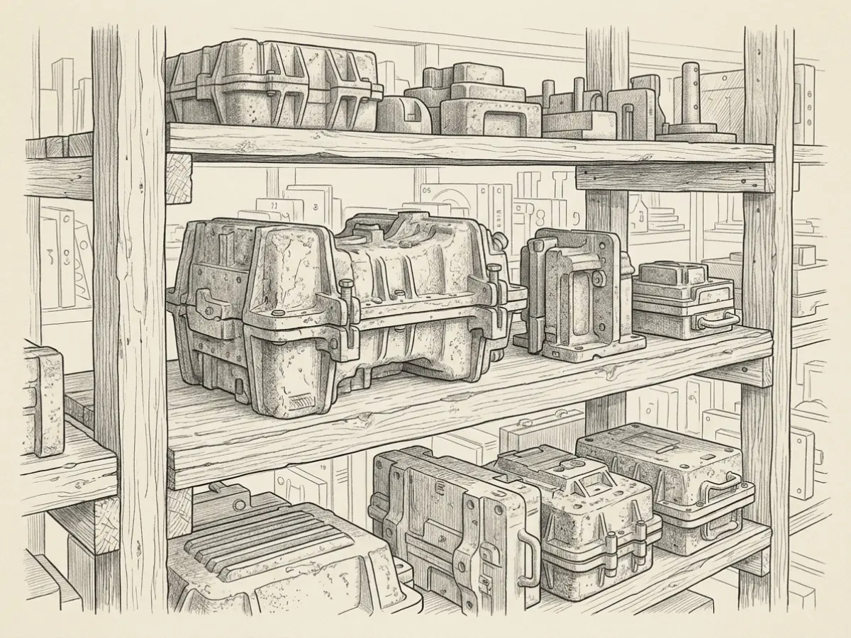 Archival factory tooling and heavy cast iron moulds stored in European production workshop.