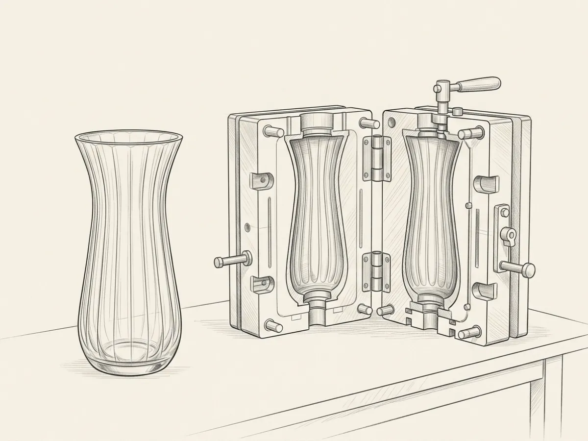 Contemporary fluted glass vase standing beside an open two-part steel blow mould.