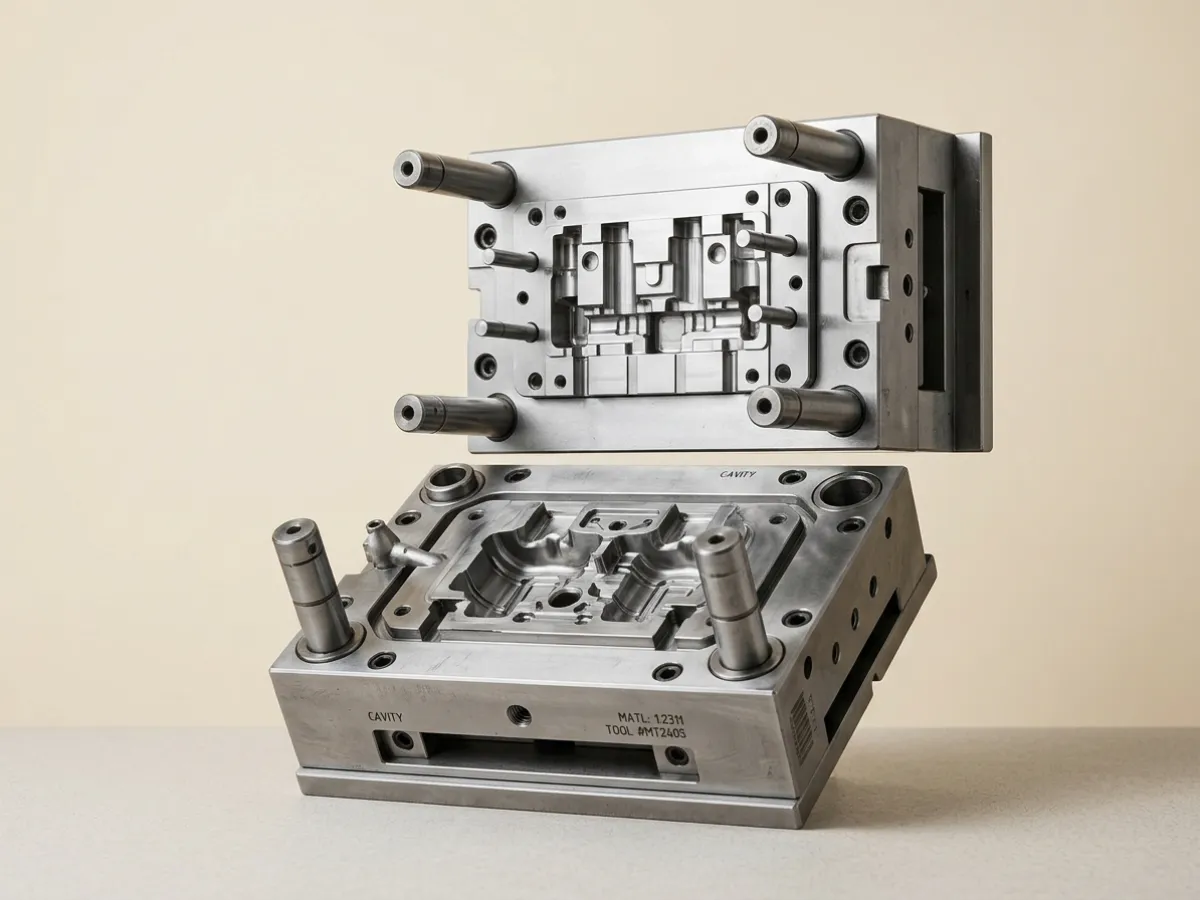 Precision industrial injection mould tool split cavity assembly showing core pins and ejector mechanics.