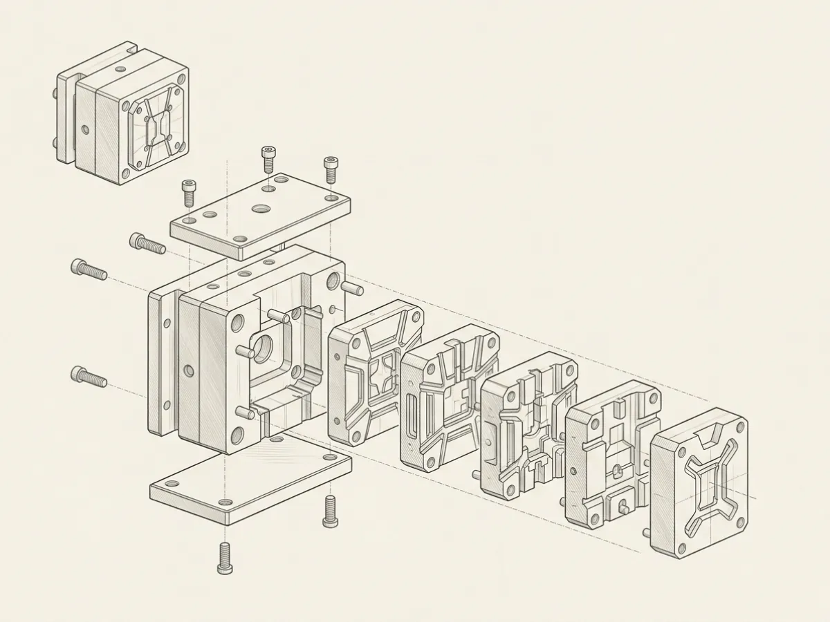 Exploded technical diagram of modular tooling inserts with interchangeable core cavities.