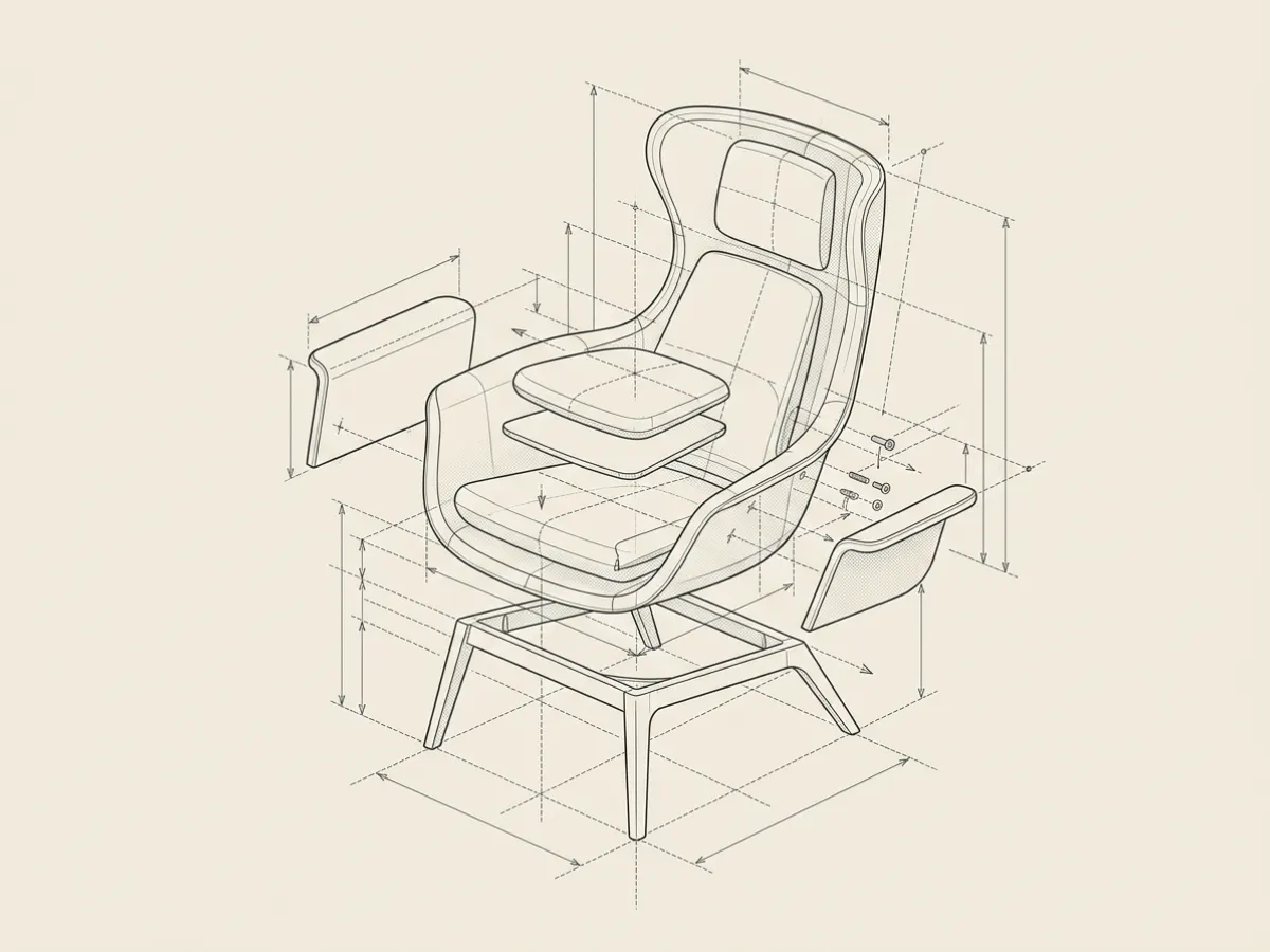 Technical exploded diagram of an armchair assembly showing engineering datum lines and component hierarchy.
