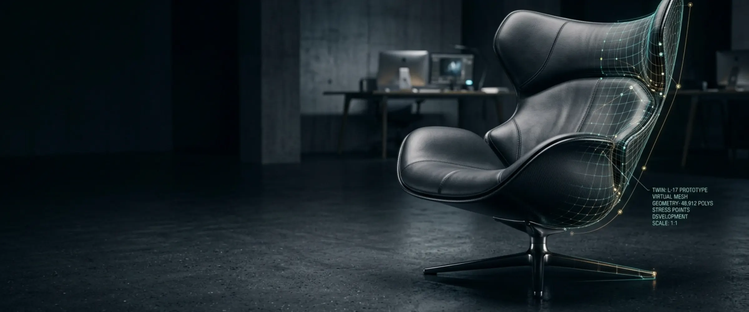 A virtual product digital master model illustrated as a high-end luxury armchair with digital wireframe overlays in development.