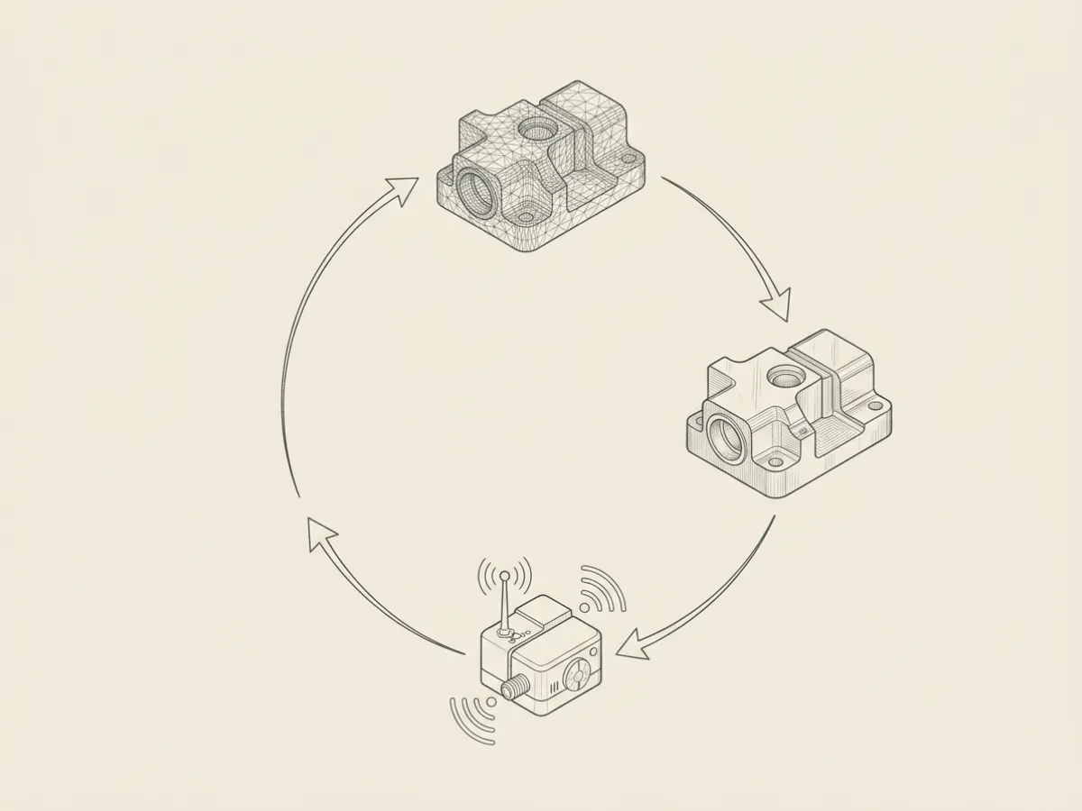 Circular feedback diagram connecting CAD digital assets, physical manufactured tooling, and telemetry data.