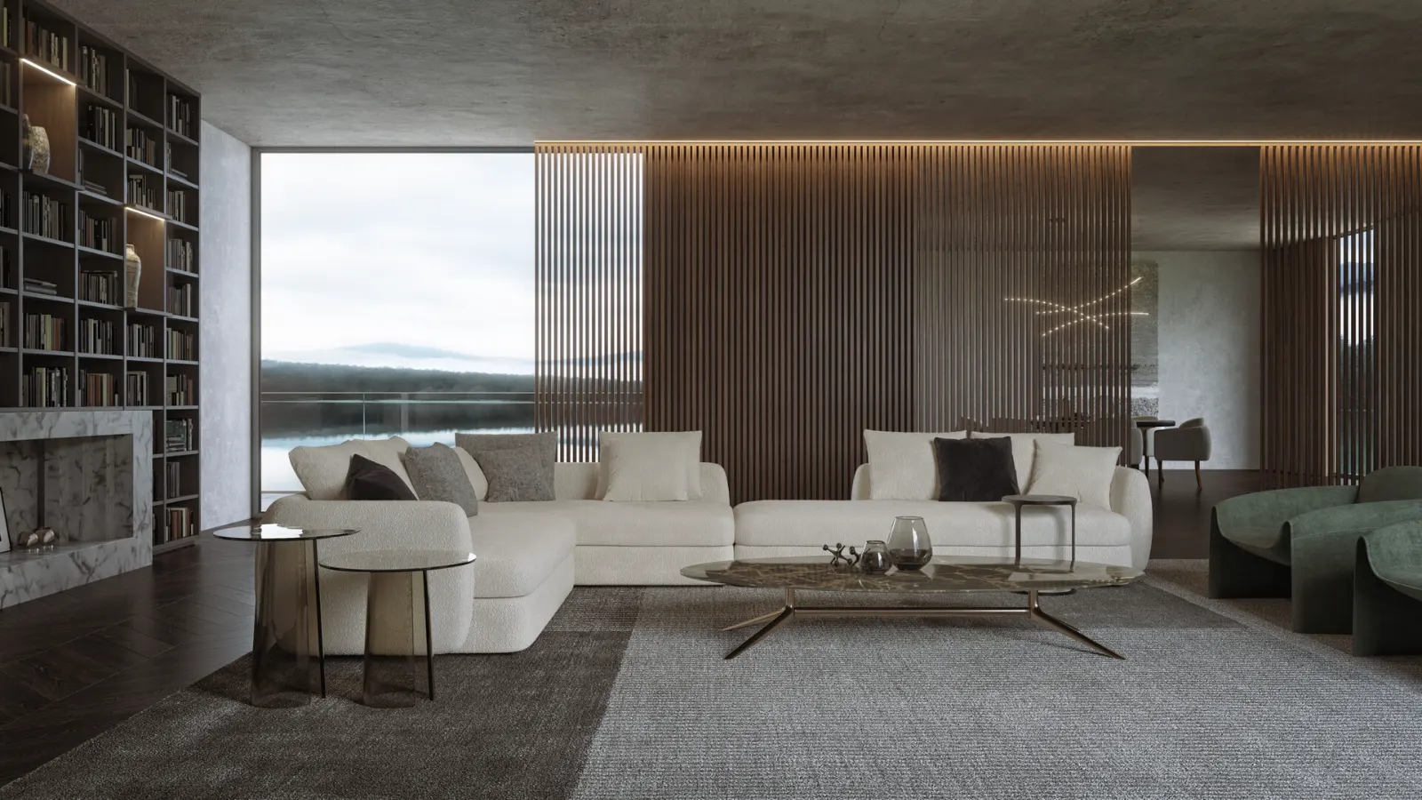 Contemporary minimalist interior with armchairs and decorative accessories illustrating diffuse lighting and surface texture rendering.