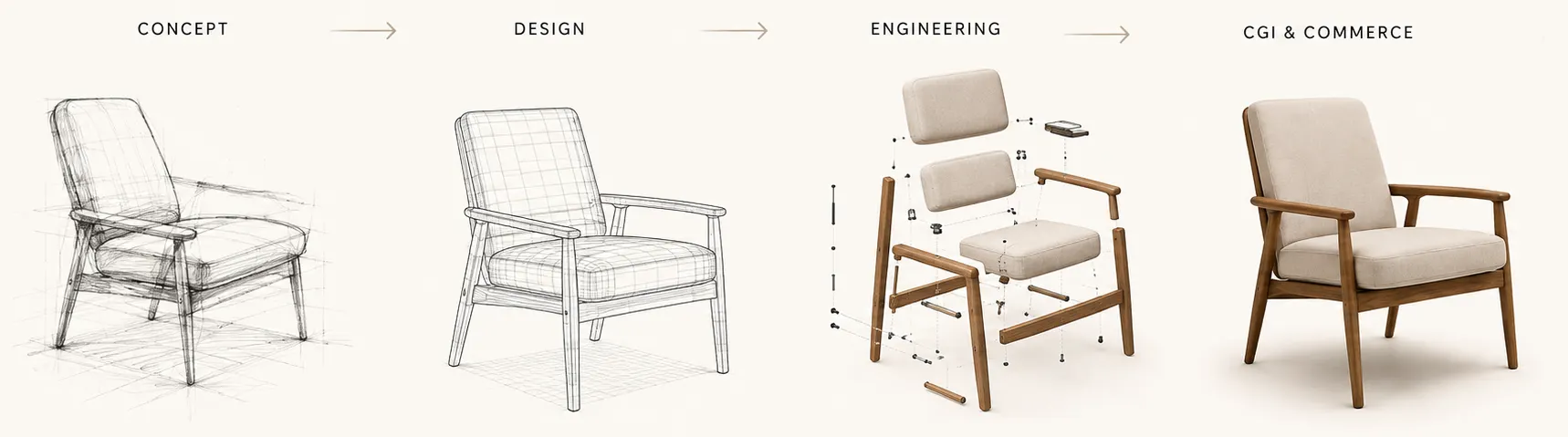 Lounge chair workflow: concept sketch, design, engineering, and final CGI